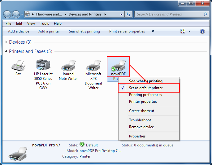 how to set default printer windows 7