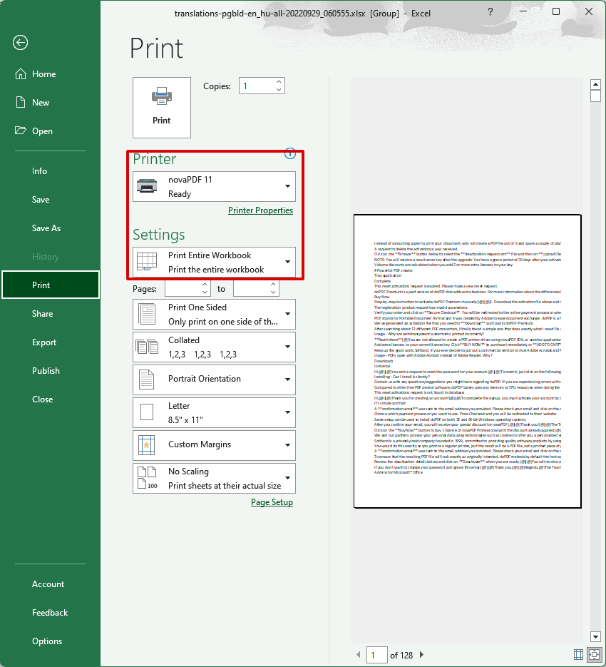 How to print an entire excel workbook to a single pdf file - novapdf