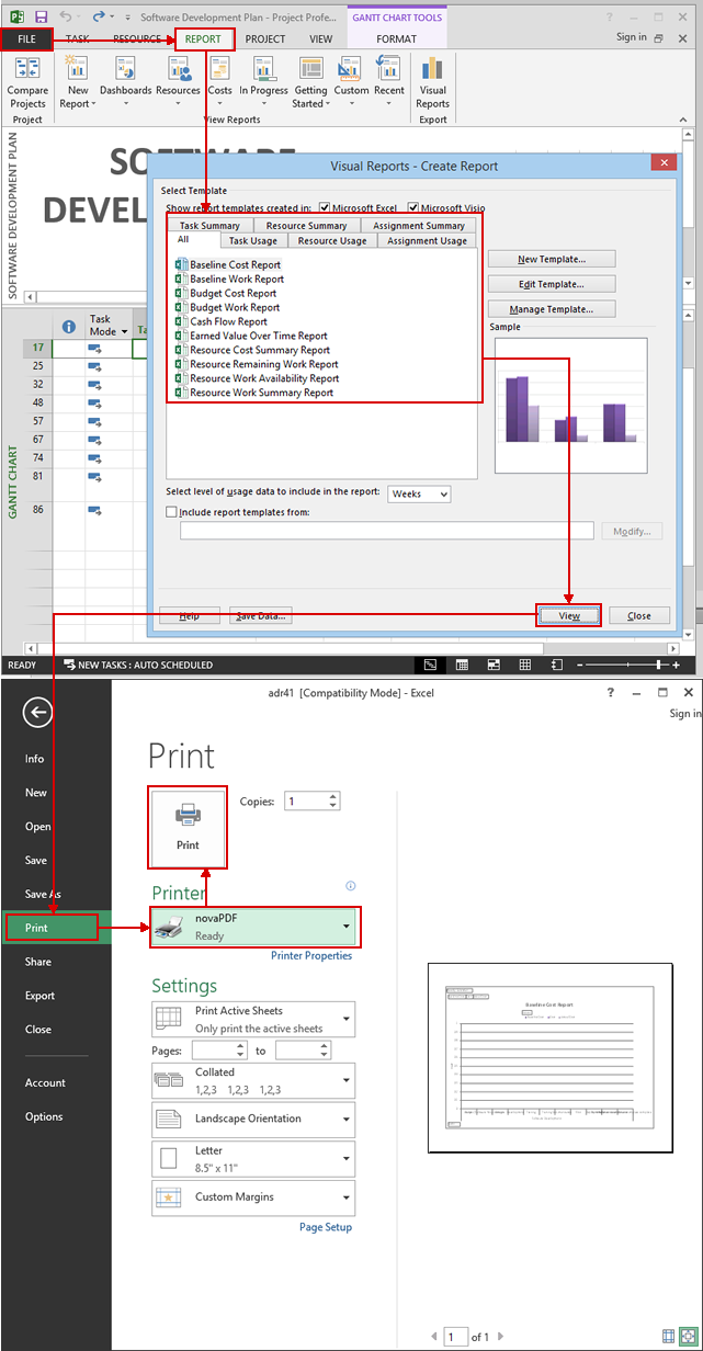 microsoft project professional 2013 print table